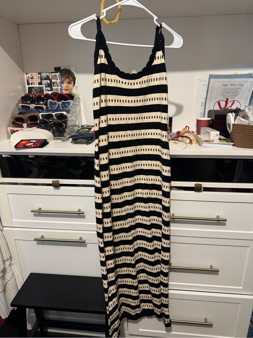 Stitch & Feather Black and Cream Striped Knit Midi Dress
